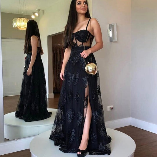 Evening wear Dresses: A-Line Sweetheart Floor Length Side Slit Spaghetti Strap Lace