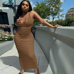 Ribbed Knitted Stripe Women Pure Sleeveless Midi Dress V Neck Bodycon