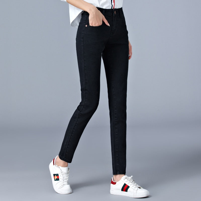 Jeans for woman high waist full Length skinny pencil black blue Denim pants 100kg