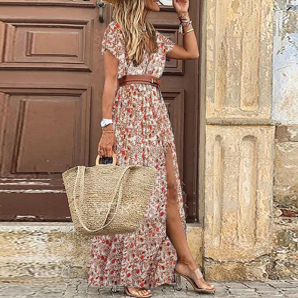 Women V Neck Short Sleeve Paisley Print Belt Large Hem Beach