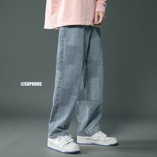 Men Jeans Vintage Geometric Patchwork Hip Hop Denim Pants