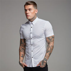 Summer Man Short Sleeve Shirt Solid Fitness Mens Stand