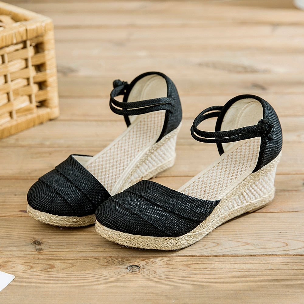Patchwork Handmade Women Plain Linen Sandals Wedge Espadrilles 6cm