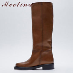 Women Genuine Leather Riding Boots Med Heel Round Toe Shoes