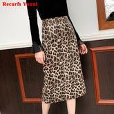 Leopard Print Genuine Leather Long skirt Female Over Knee Wrap Back Split Wild