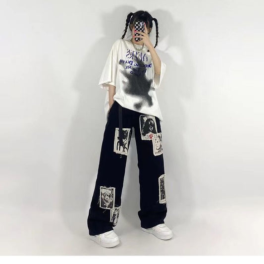 HOUZHOU Grunge Punk Patchwork Black Jeans Women Hip Hop Streetwear Print Oversize Wide Leg Trousers 90s Vintage Fashion Pants