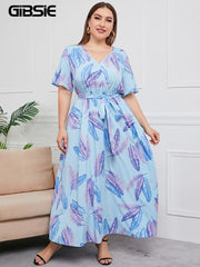 Plus Size V Neck Floral Print Boho Dress Women Summer Short Sleeve Maxi Dresses