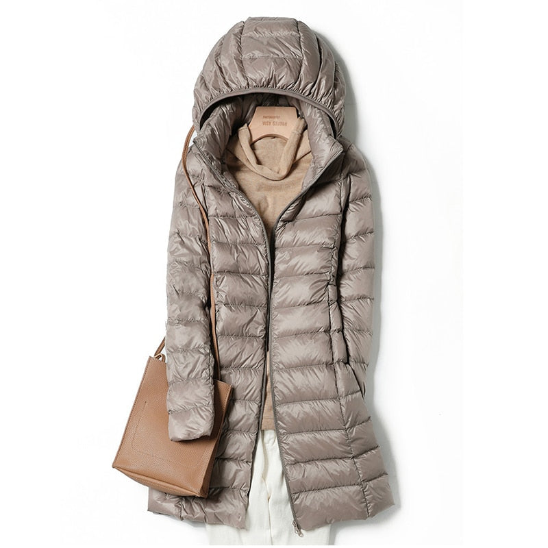 Winter Womens Down Jackets Long Ultra Light Thin Casual Coat