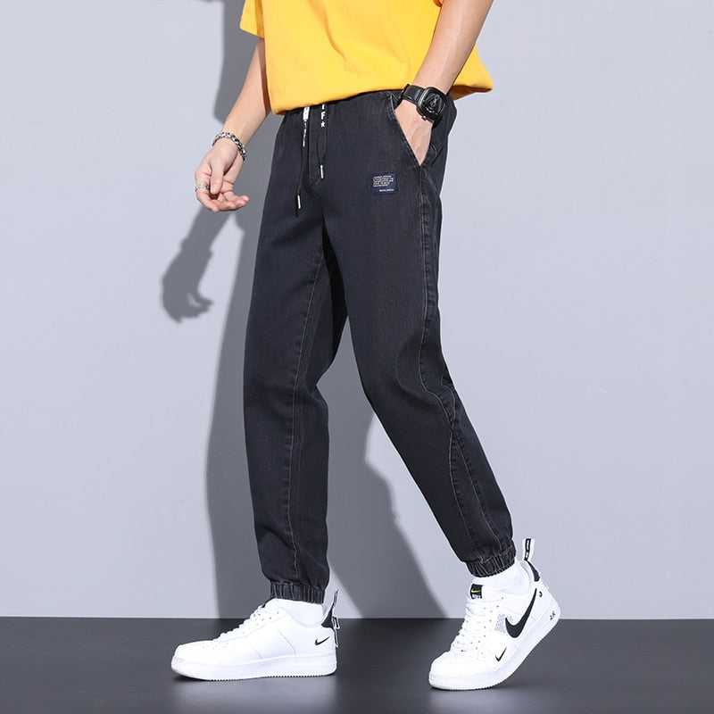 Autumn Loose Men's Jeans Text embroidery Baggy Elastic Waist Harlan