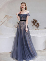Evening wear Dresses: Blue Evening Dresses Luxury Beaded Beading