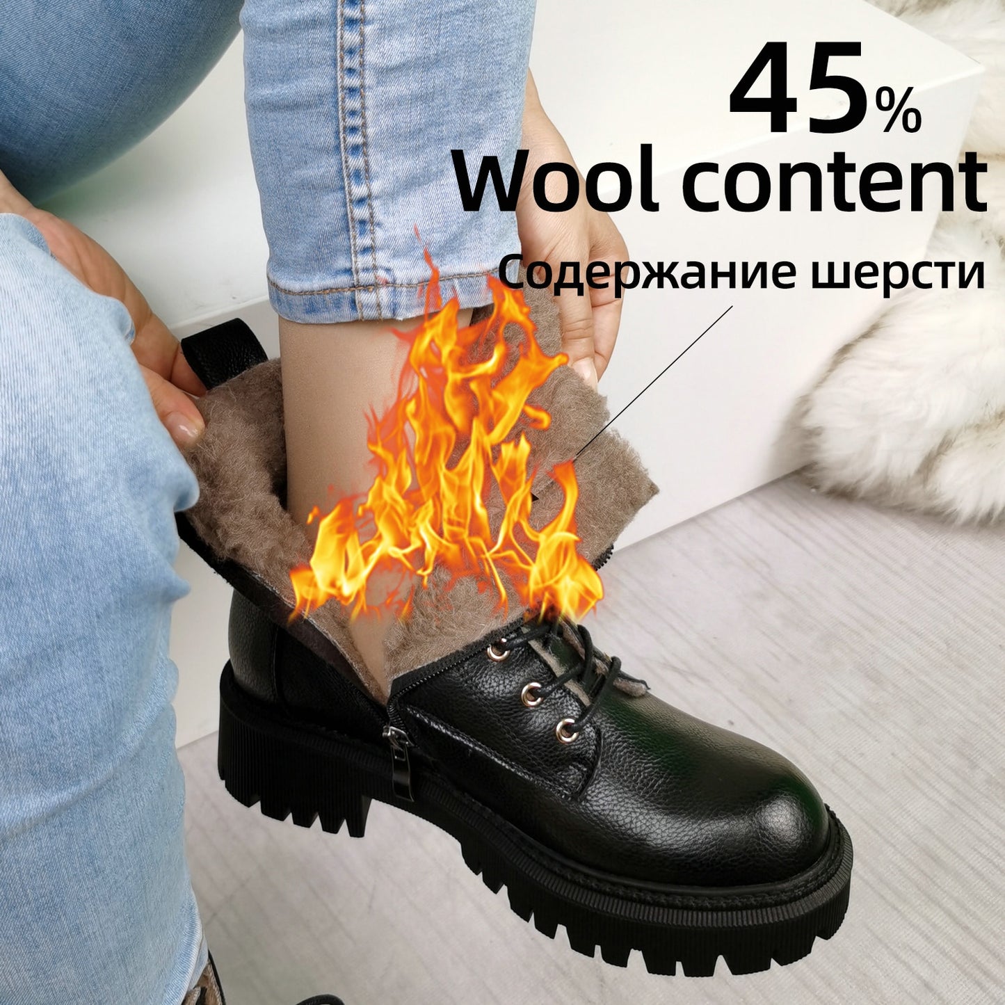 Women Ankle Boots Wool Fur Platform Fashion Warm Mid Heel Motorcycle Boots
