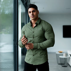 Men Fashion Casual long Sleeve Solid Shirt Super Slim Fit Male