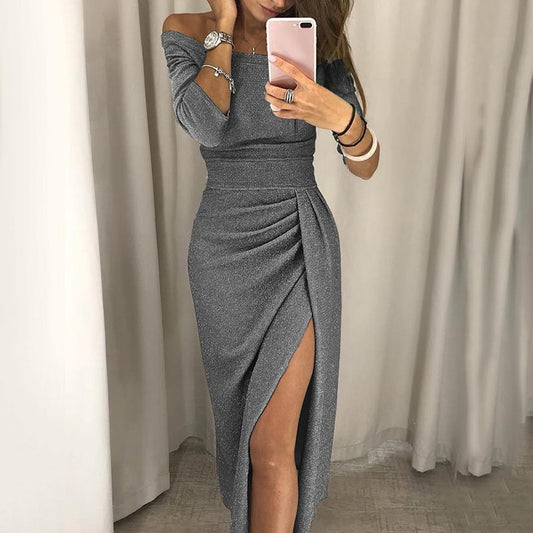 Lady Evening Party Dresses Off Shoulder High Waist Long Dress Elegant