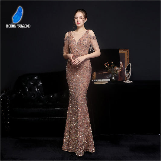 Evening wear Dresses: Elegant Gold Sequin Women Mermaid Evening Dress
