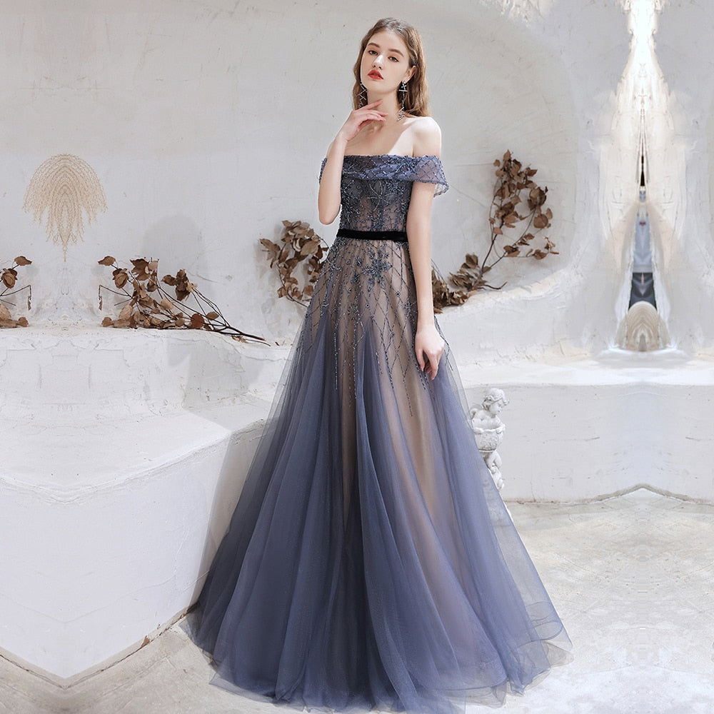 Evening wear Dresses: Blue Evening Dresses Luxury Beaded Beading