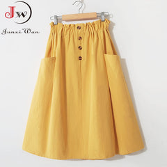 Women Summer Skirt Spring Korean Style Casual Solid High Waist A-Line Midi Skirts