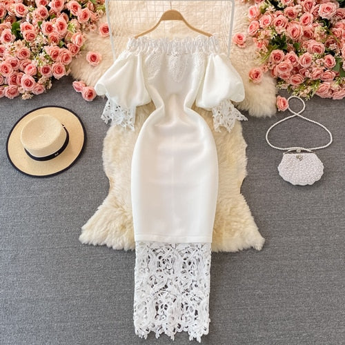 Out Lace Bodycon Long Dress Women Elegant Red/Pink/White Off Shoulder