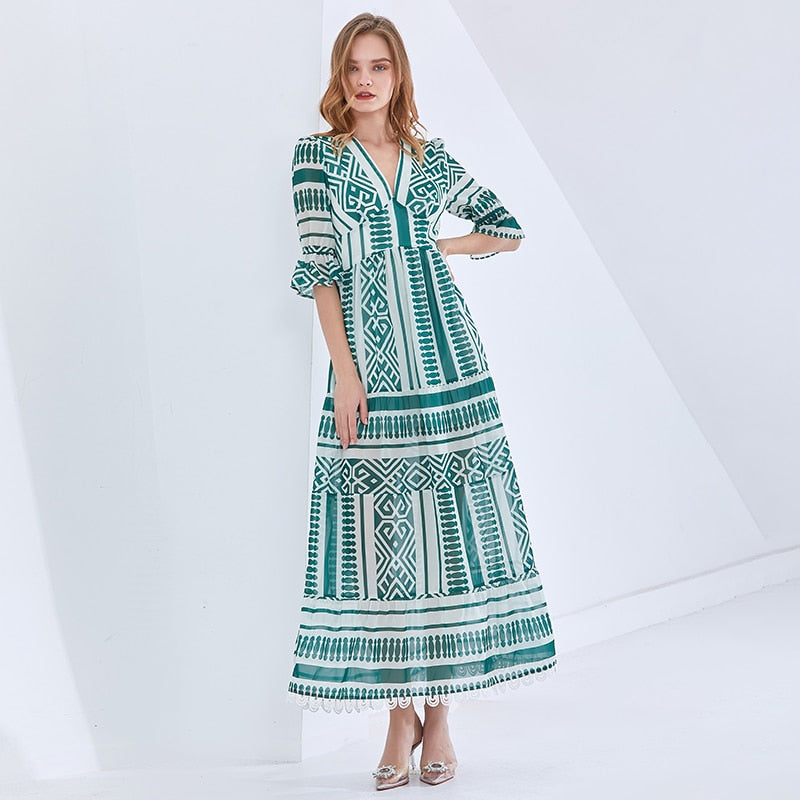 TWOTWINSTYLE Print Vintage Spring Dress For Women V Neck Half Sleeve