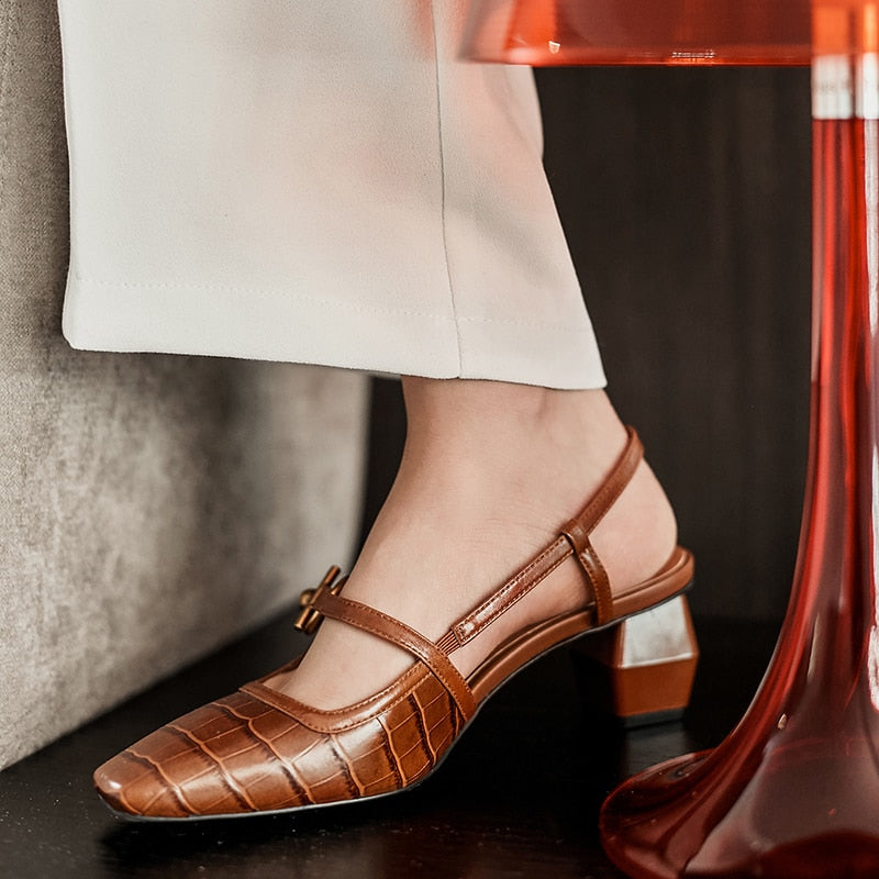 Genuine Leather Chunky Women Shoes Square Toe Buckle Strap Pumps Women