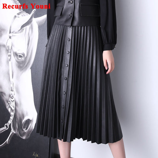 Pleated Long Skirt Women Natural Leather Pure Skin A-Line Buttons Maxi