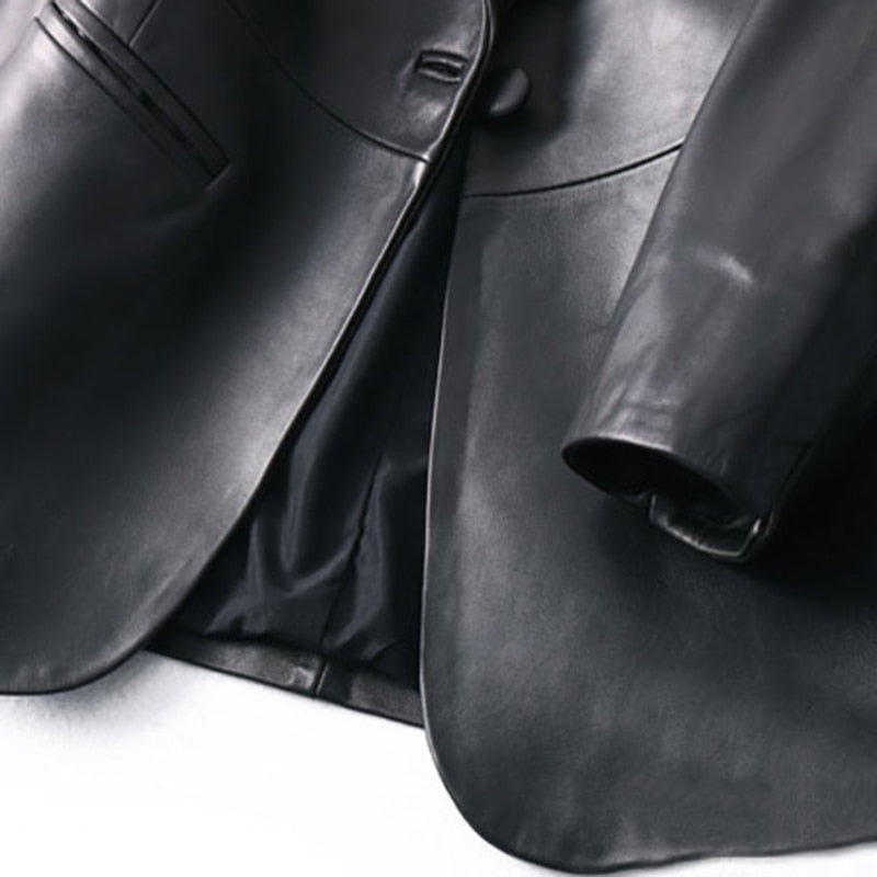 Spring Autumn Black Leather Blazer Women Single Button Slim Fit