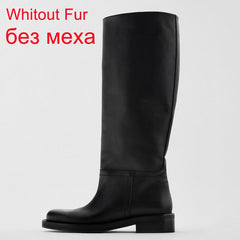 Women Genuine Leather Riding Boots Med Heel Round Toe Shoes