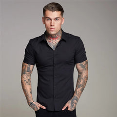 Summer Man Short Sleeve Shirt Solid Fitness Mens Stand