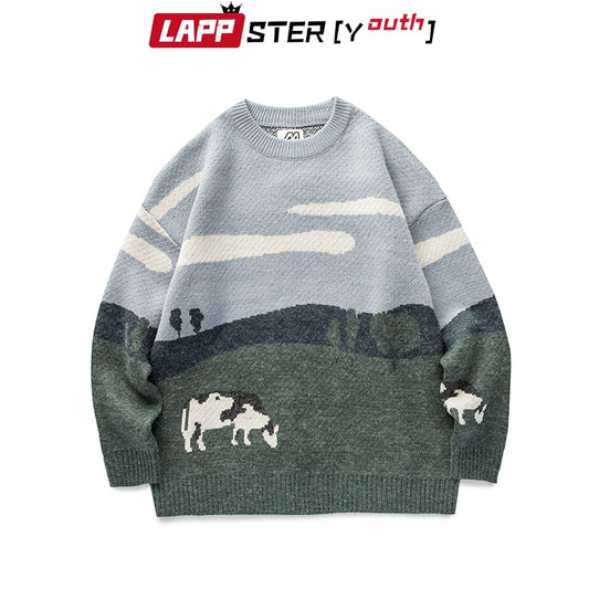 Youth Men Cows Vintage Winter Sweaters Pullover Mens O-Neck