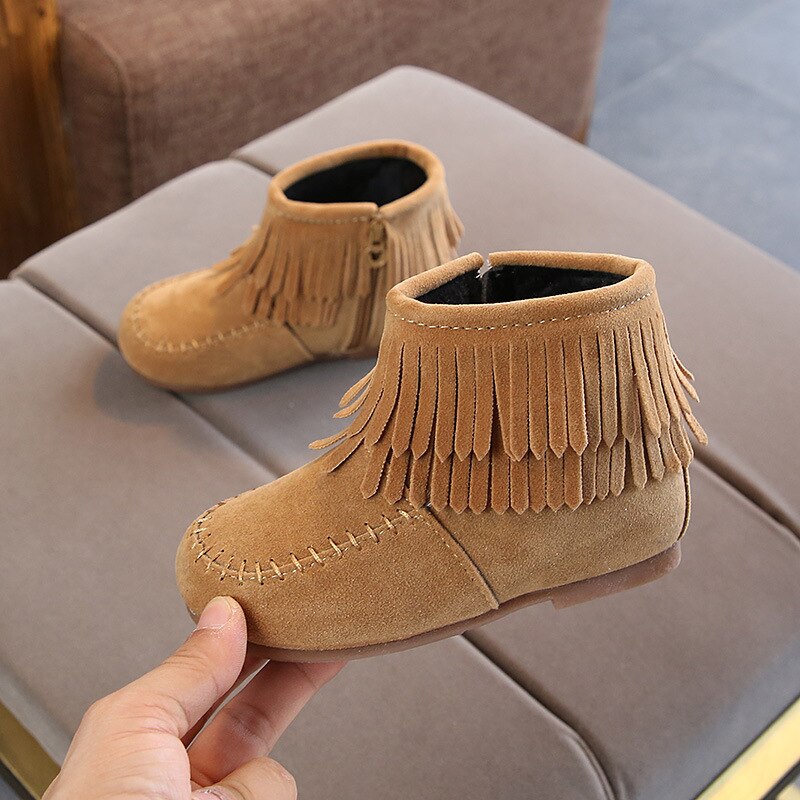 Fringes Girls Ankle Boots Princess Sweet Red Pink Black Flock Fabric Warm Rubber