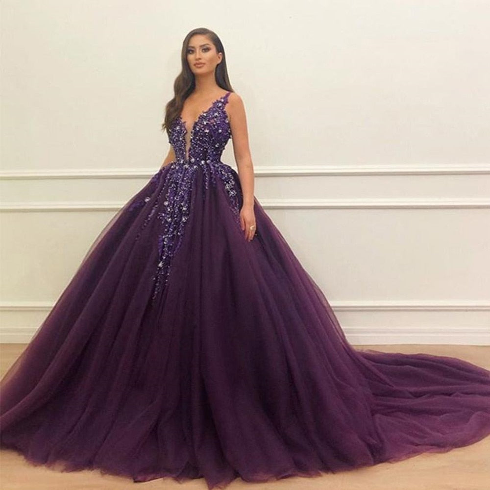 Evening wear Dresses: Prom Dresses Sleeveless V-Neck Back Open Dark Purple Tulle