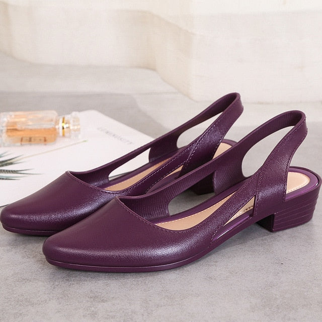 Cut-out closed toe jelly sandals women pointed toe chunky med high heels