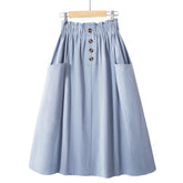 Women Summer Skirt Spring Korean Style Casual Solid High Waist A-Line Midi Skirts