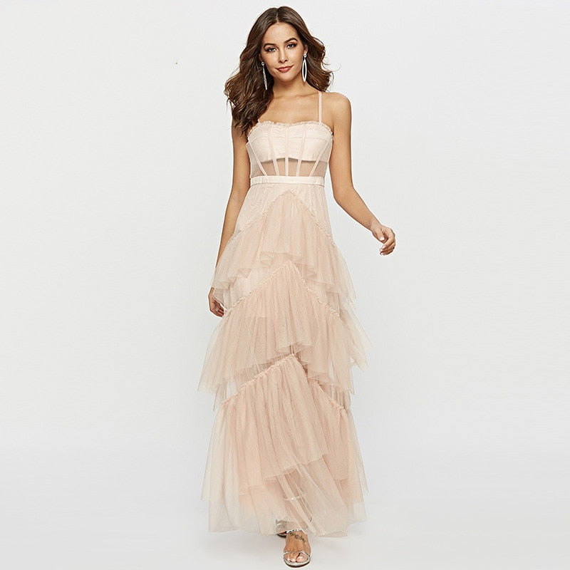 Summer Sling Long Lace Dress Women Hollow Stitching Bubble Dress Backless