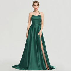 Evening wear Dresses: Long Prom Dresses Green Evening Dress Satin Prom Gowns