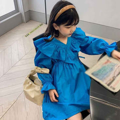 Spring Autumn Girls Dress Temperament Costumes Pure Color Stitching
