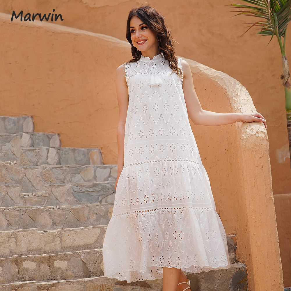 Long Simple Casual Solid Hollow Out Pure Cotton Holiday Style High Waist Fashion