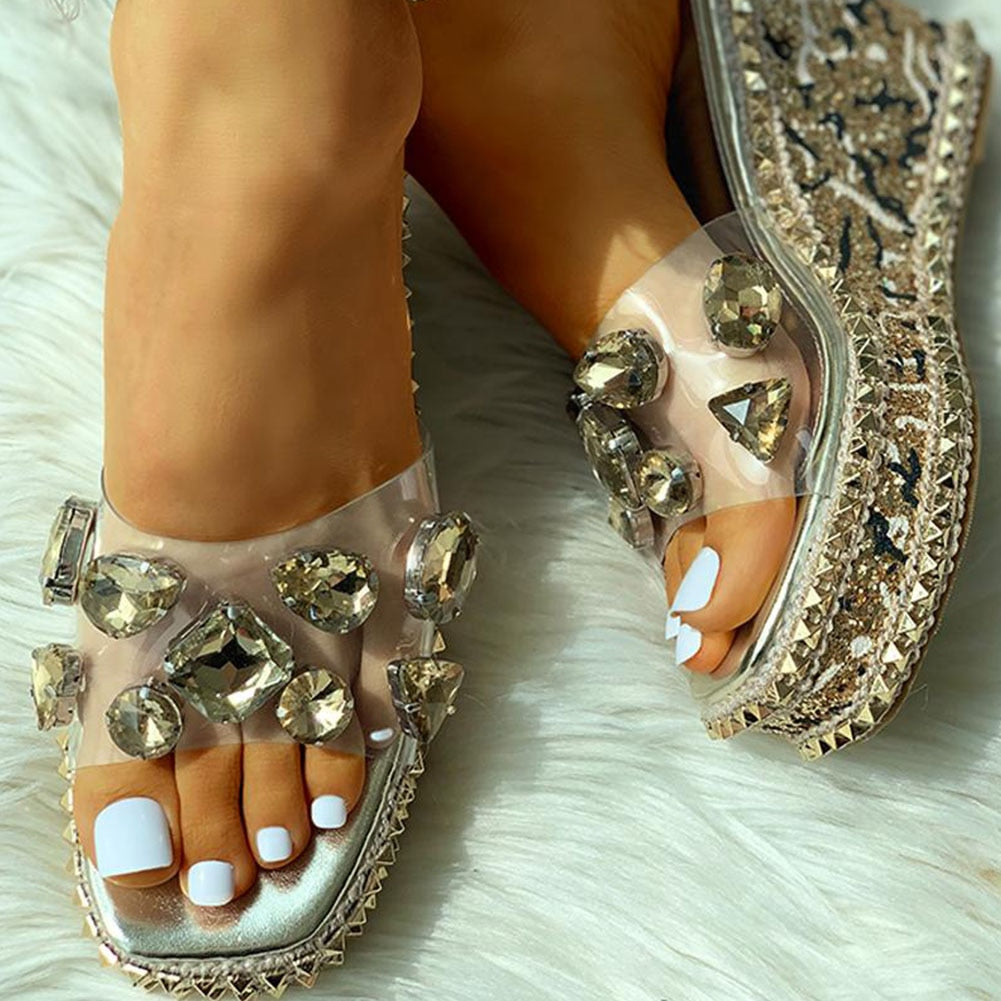 design crystals rivets clear platform high heels leisure slipper wedges sandals
