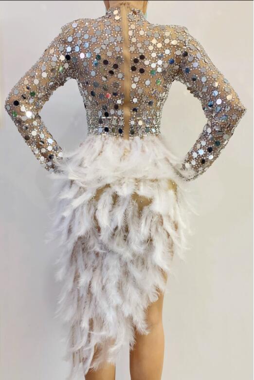 Sparkly Silver Sequins Feather Dress Women Birthday Celebrate Wedding Bar