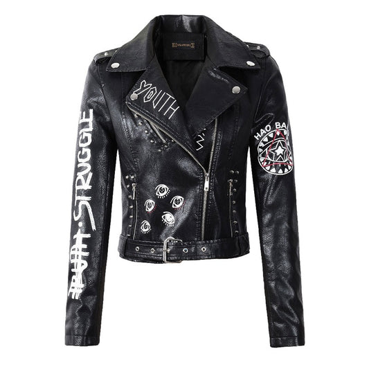 Spring Women Faux Leather Jacket Turn-Down Collar Letter