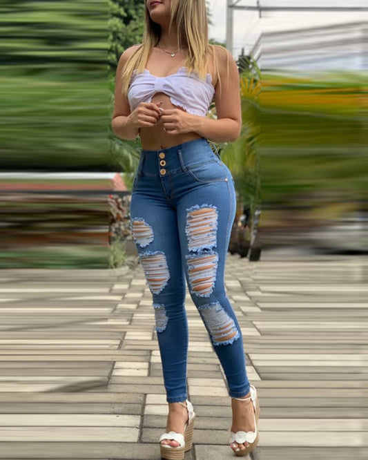 Autumn Women High Waist Buttoned Ripped Jeans Femme Plain Zipper