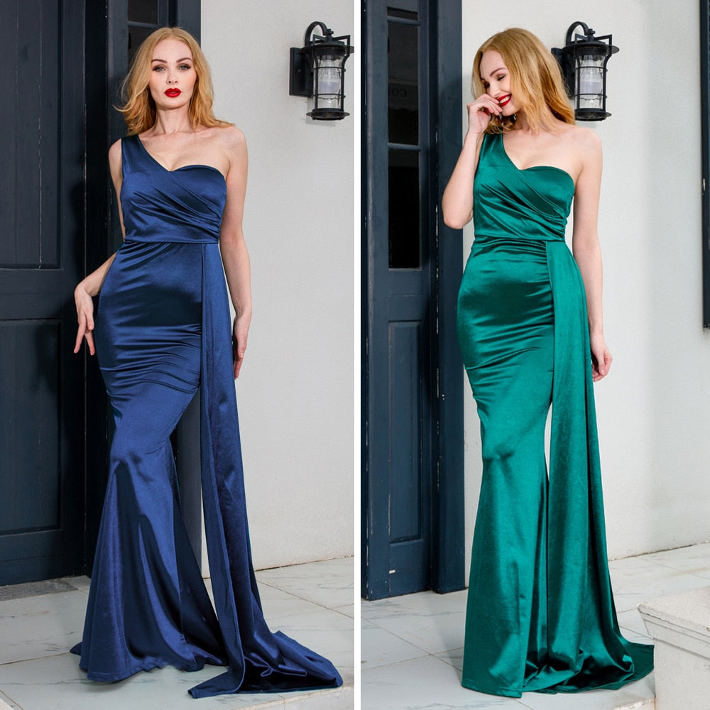 One Shoulder Padded Satin Maxi Dress Women's Evening Party Dress