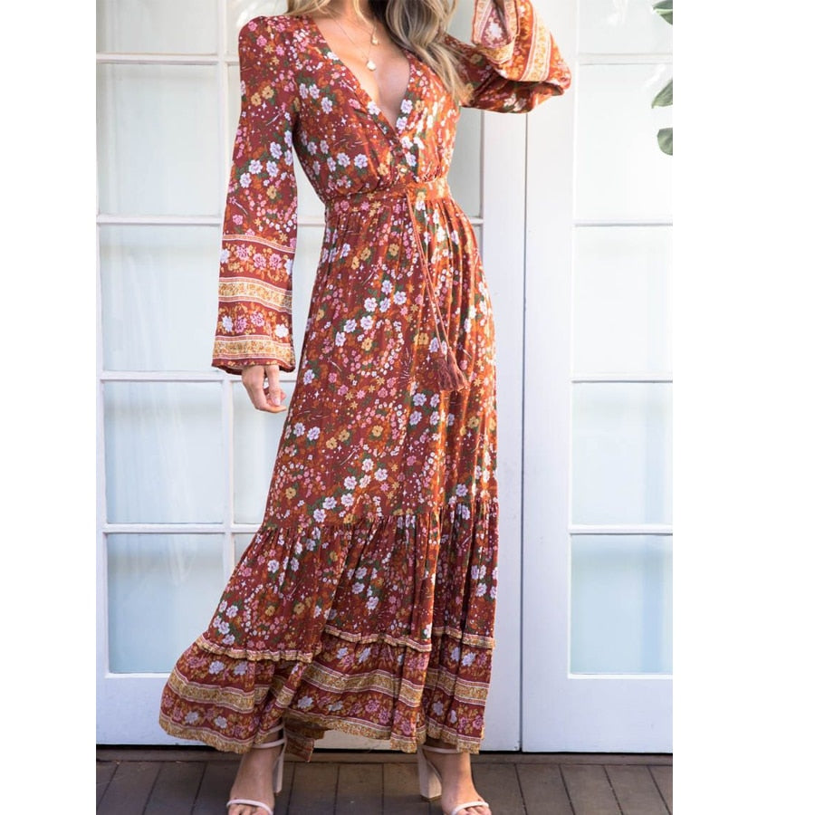 rayon maxi women dresses v-neck long sleeve