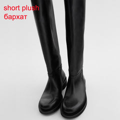 Women Genuine Leather Riding Boots Med Heel Round Toe Shoes