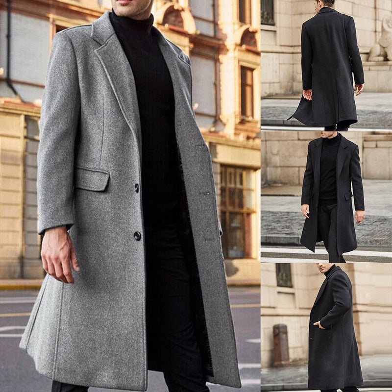 Winter Mens Wool Coat Solid Long Sleeve Woolen Jackets Fleece Men Overcoat