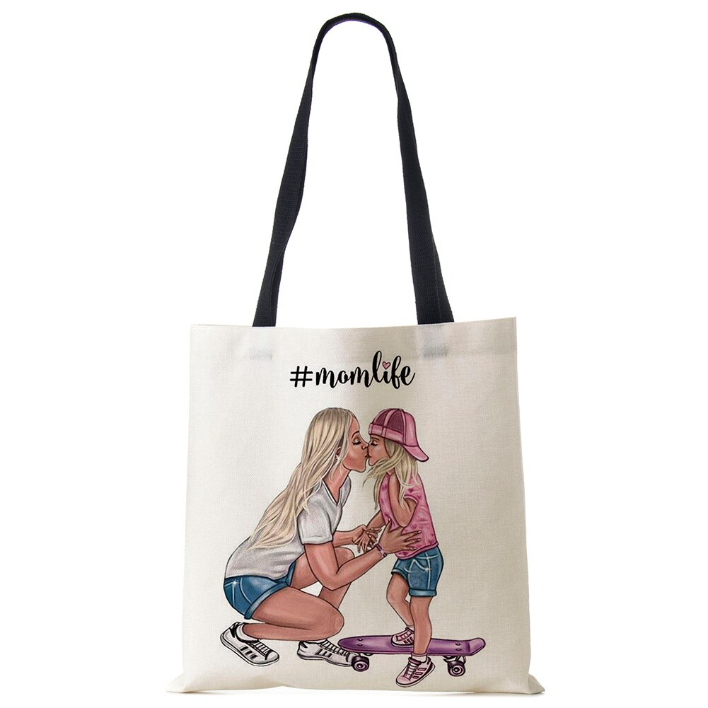 Cute Cartoon Super Mama Print Linen Tote Bag Reusable Shoulder Bags Mom