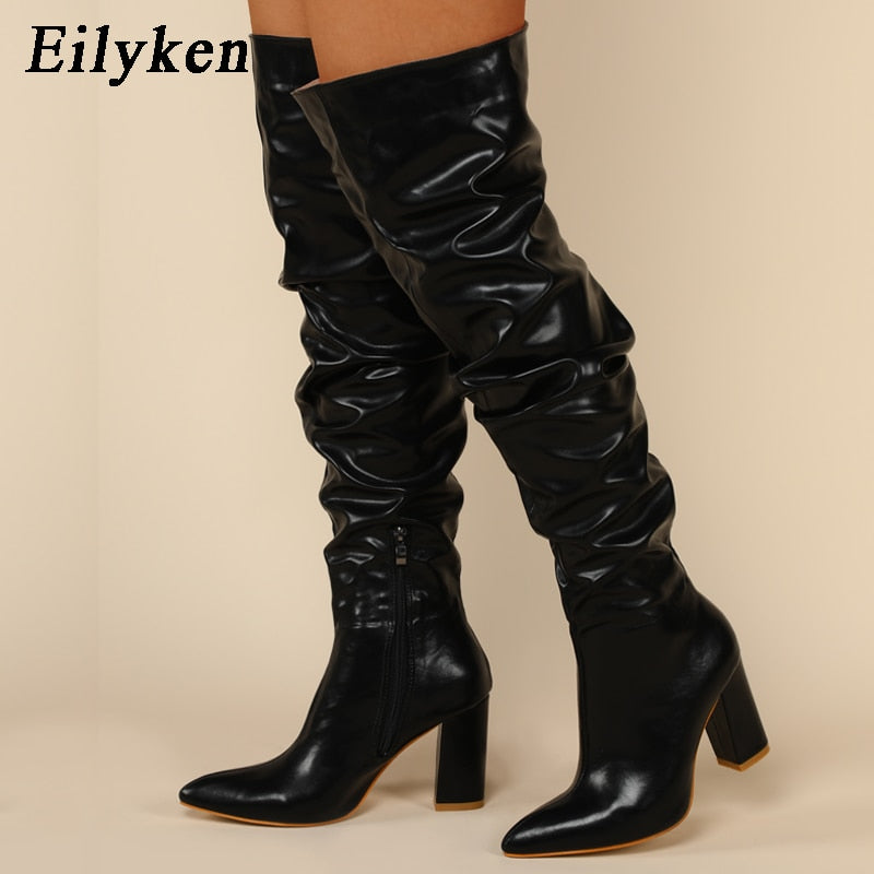 Over-the-Knee Boots Square Heel Punk Solid Color High Heel Zipper Shoes