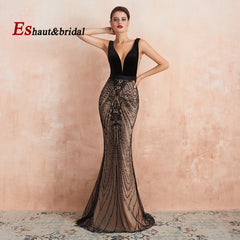 Evening wear Dresses: Black Velvet Mermaid Evening Night Dress for Women V Neck