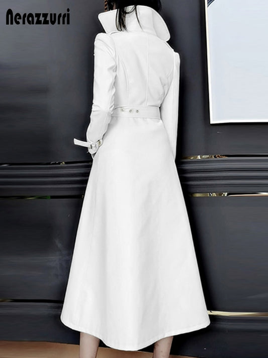 Spring Runway White Long Leather Trench Coat for Women
