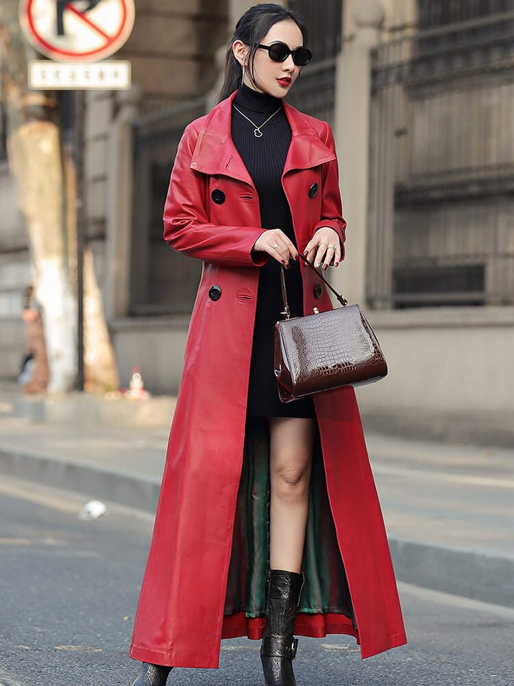 Autumn Maxi skirted leather trench coat for women Long Sleeve