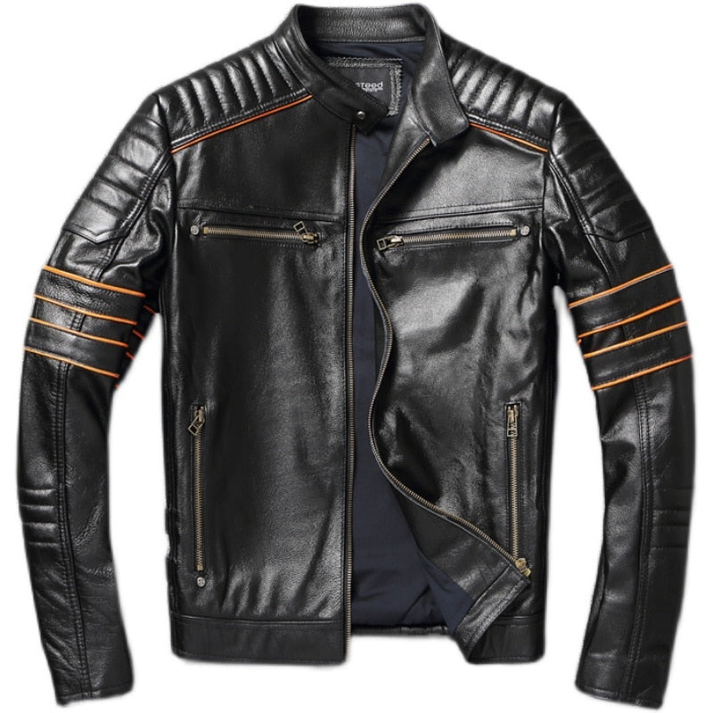 Skull Embroidery Men's First Layer Cowhide Leather Jacket Motorcycle Slim